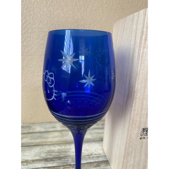Hello Kitty Edo Kiriko Champagne Glass Blue w/ Wooden Box Sanrio Japan 2017 - Picture 4 of 12